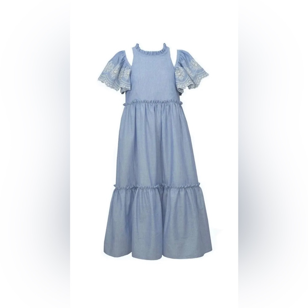 Bonnie Jeans Blue Embroidered Cold-Shoulder Girls Maxi Dress